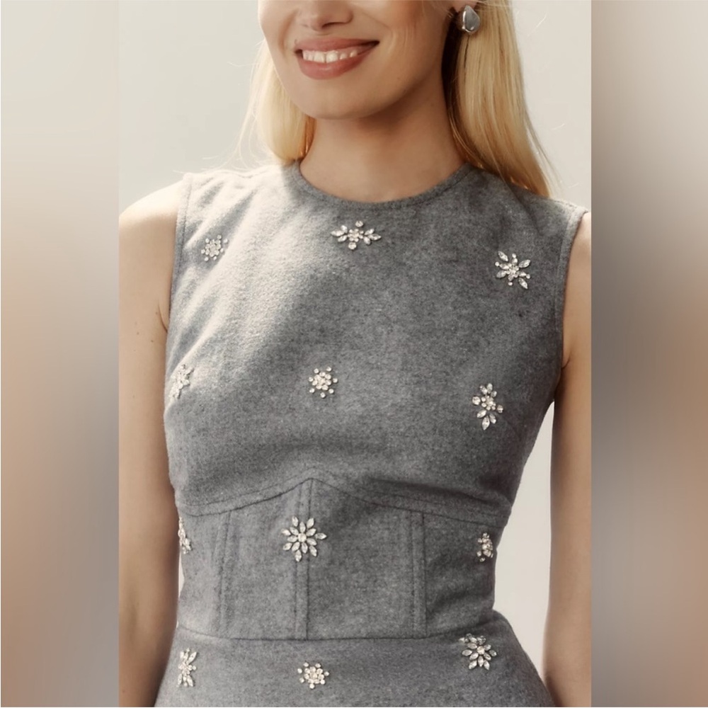 Anthropologie Vineet Bahl Dress Crystal Embellished Shift Wool Mini in Grey - Picture 3 of 9